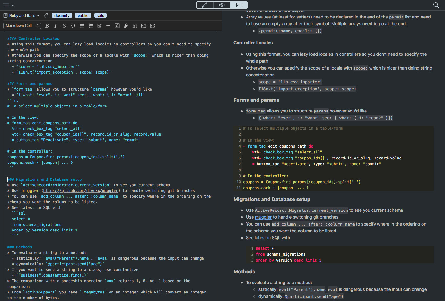 Split screen with both Ruby and SQL syntax highlighted snippets