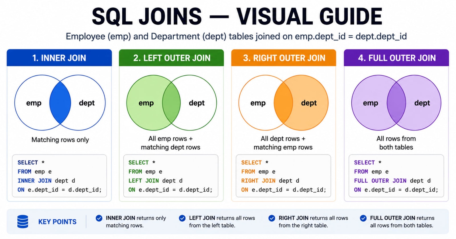 Venn diagrams for SQL joins : Inner, Left Outer, Right Outer, and Full Outer joins — with the highlighted region matching what each join actually returns