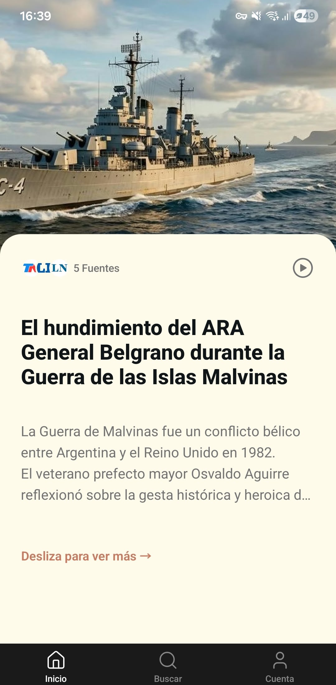 Punto Medio app showing a news feed element with multi-source event card