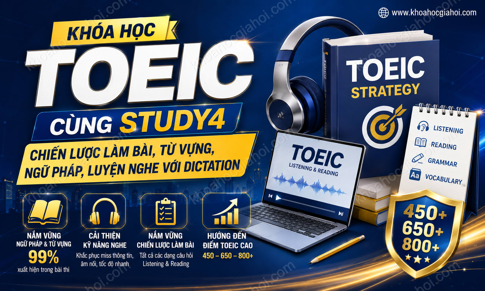 Khóa Học Toeic Cùng Study4 – Chiến Lược Làm Bài , Từ Vựng, Ngữ Pháp, Luyện Nghe Với Dictatio