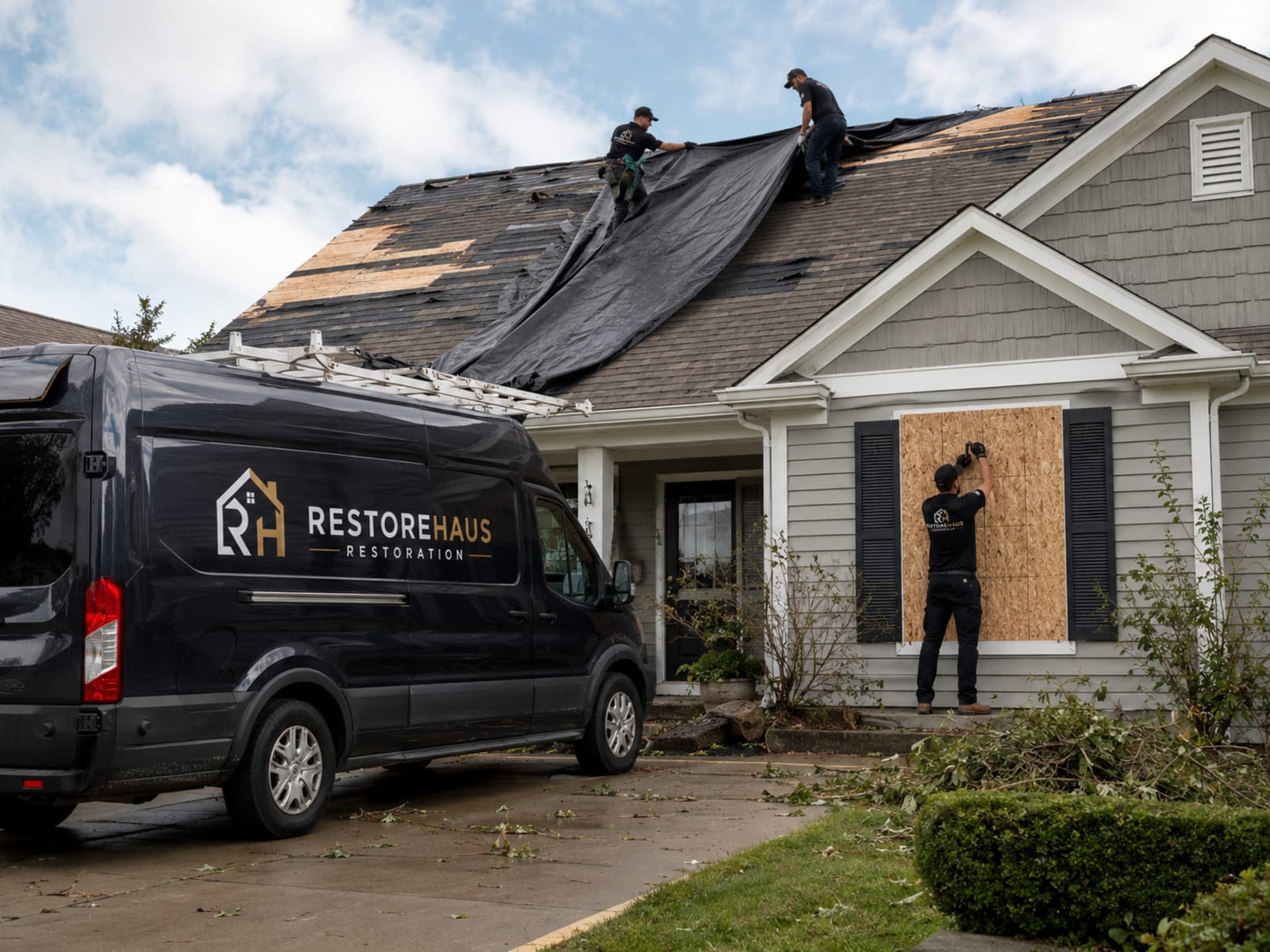 Storm-damaged home exterior before repair