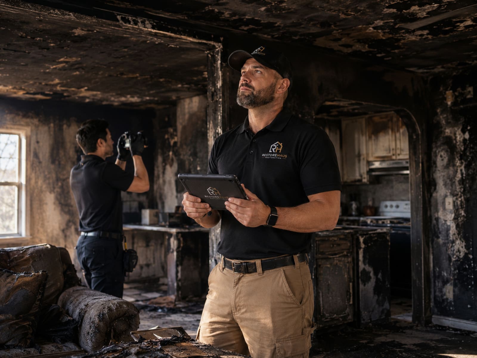 Fire and smoke-damaged interior before restoration