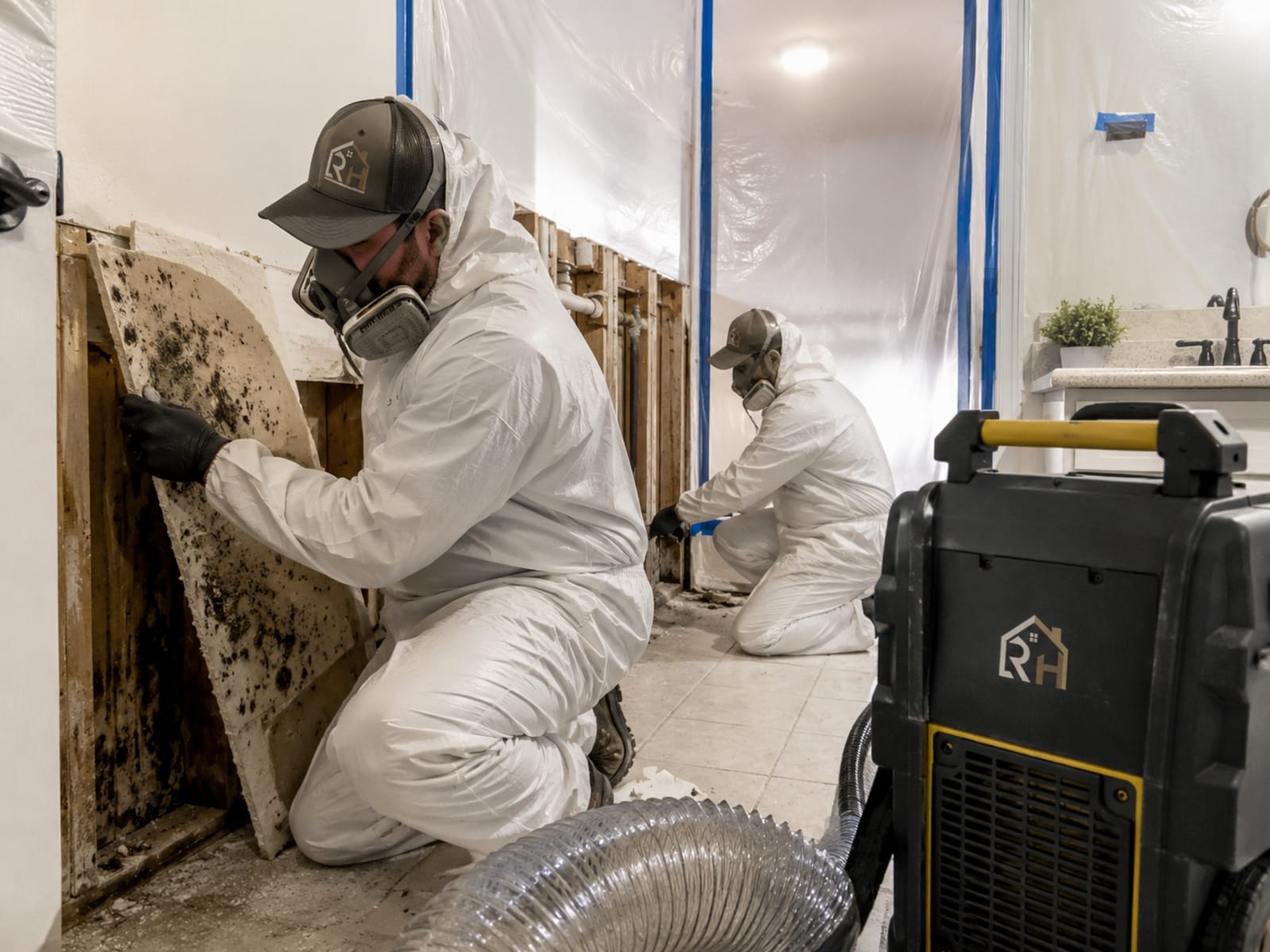 Technician removing mold-damaged drywall during remediation