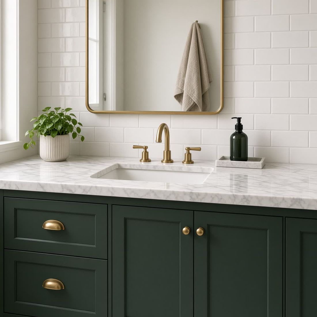 Bathroom vanity after Clean Slate's refinish, deep forest green cabinet