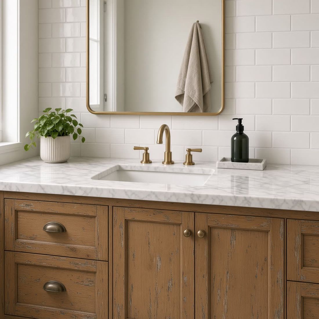 Bathroom vanity before refinishing, honey oak wood cabinet