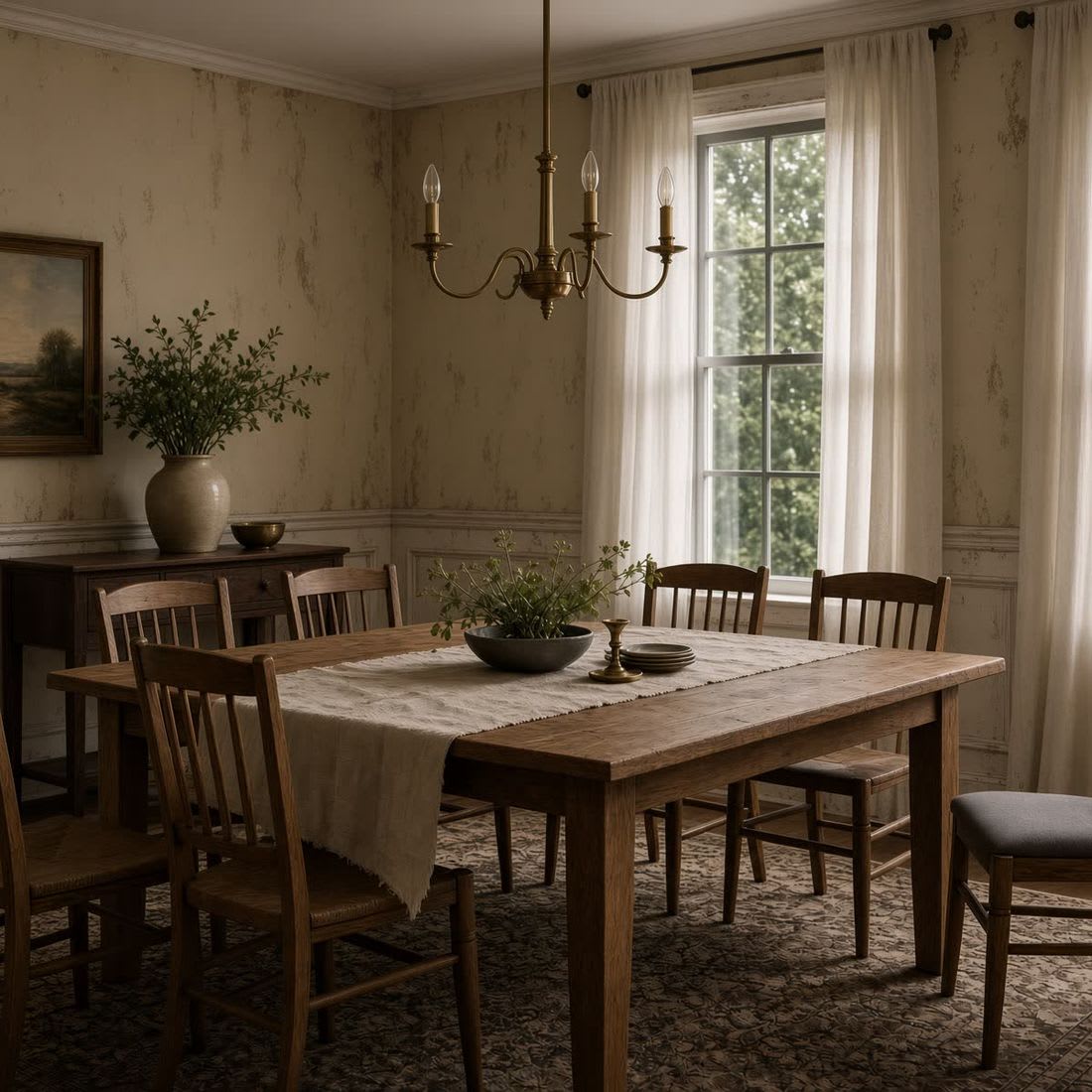 Dining room before repainting, worn and cracked plaster walls