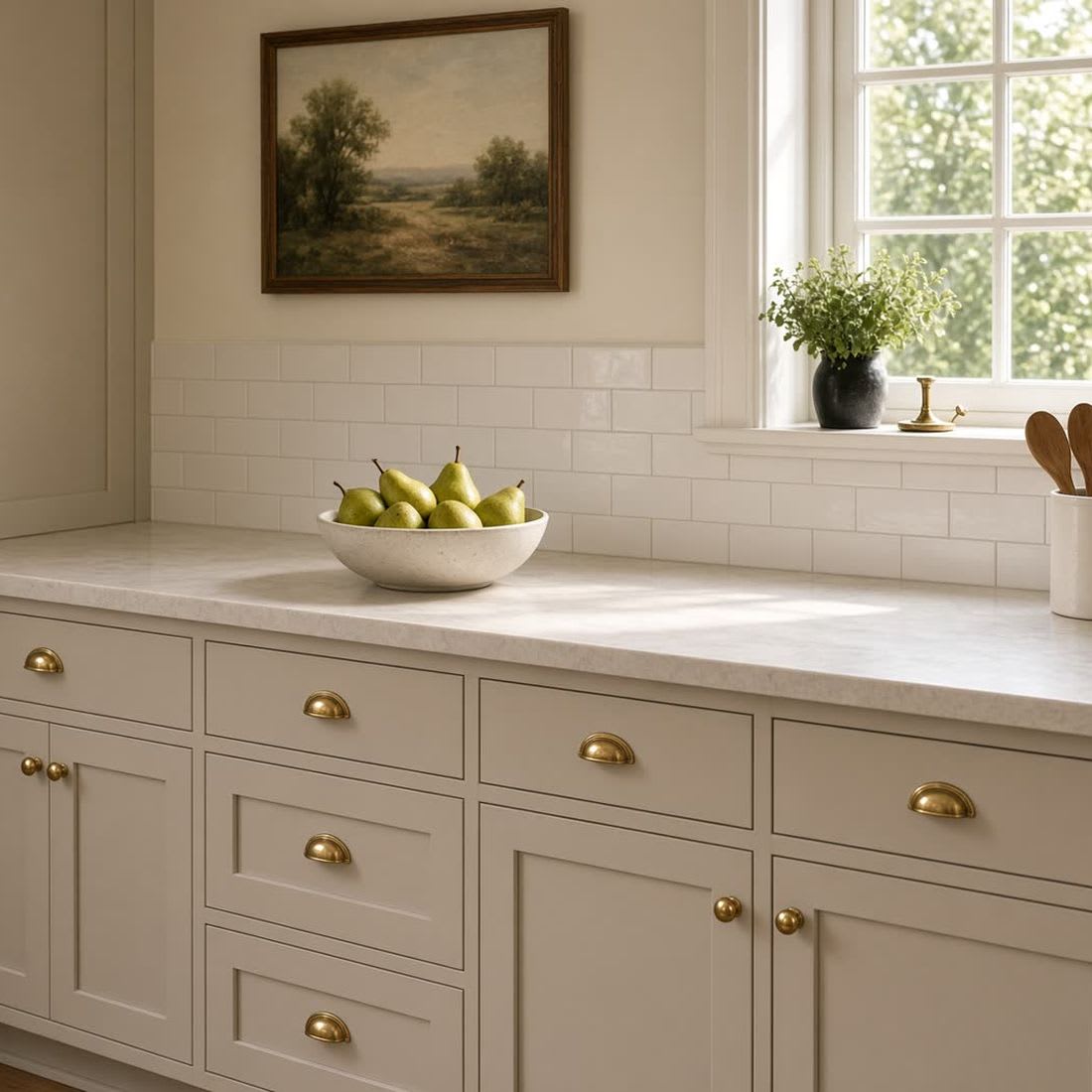 Kitchen cabinets after Clean Slate's refinish, soft painted greige finish