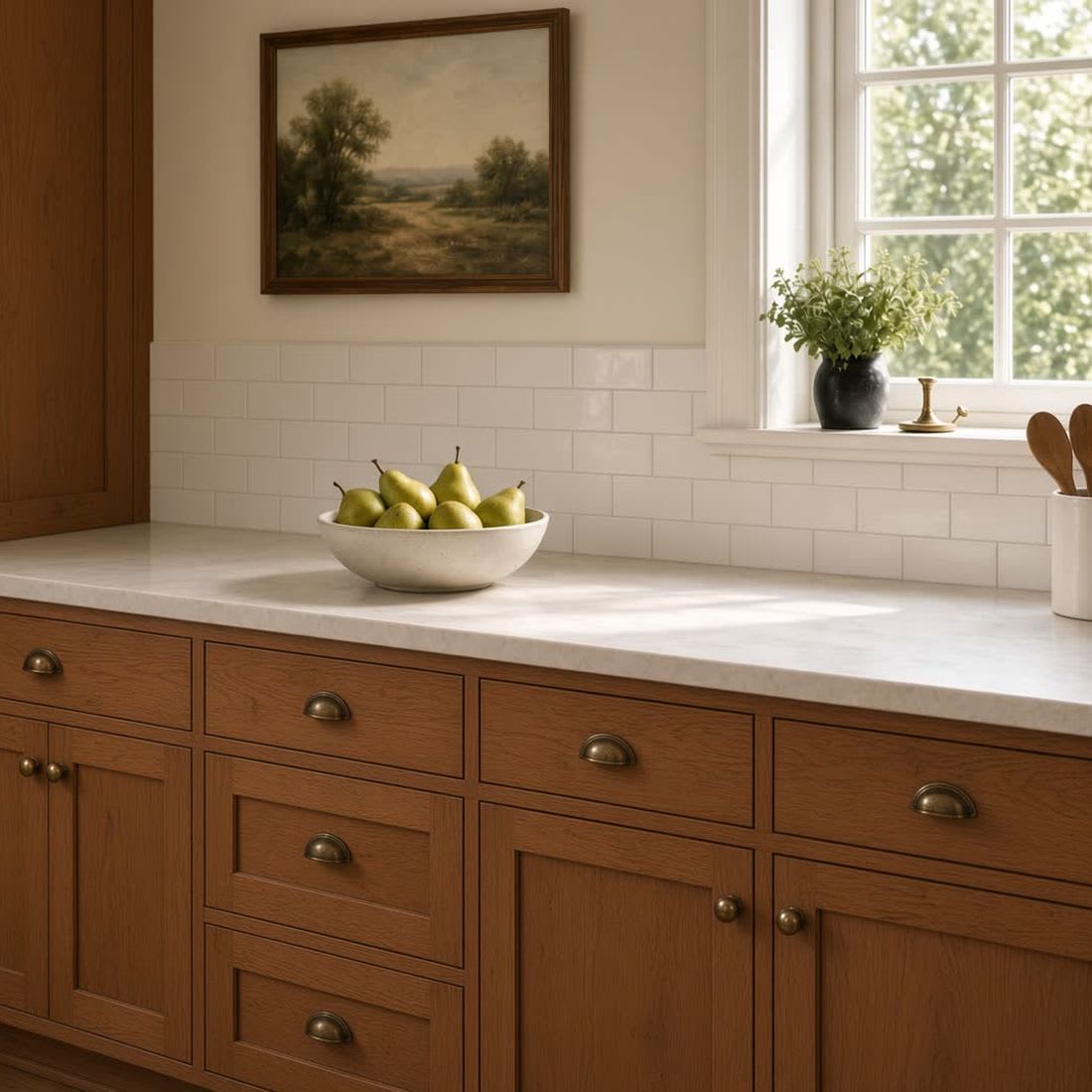Kitchen cabinets before refinishing, natural wood tone