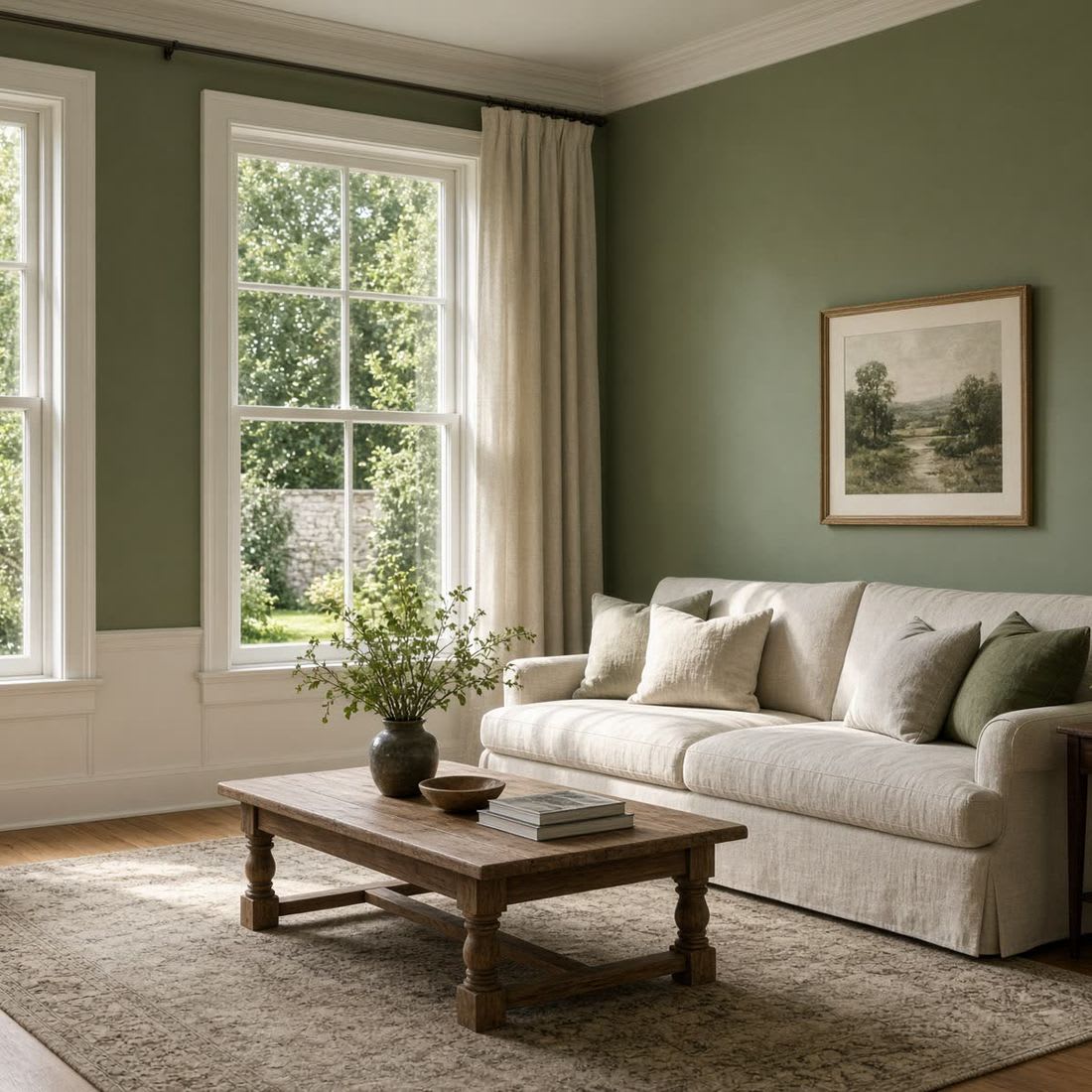 Living room after Clean Slate's repaint, sage green walls
