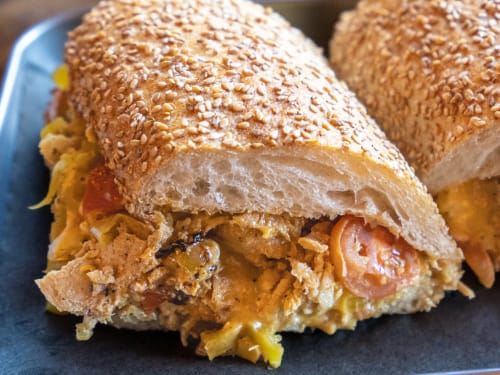 Chicken cutlet hero on a seeded roll