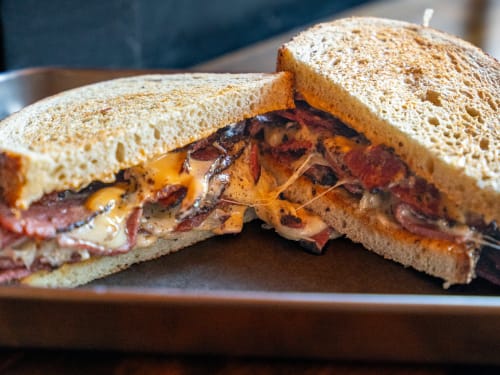 Pastrami stacked on rye