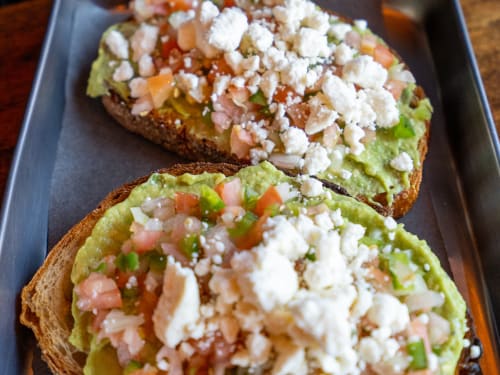 Avocado toast with feta and chili flake