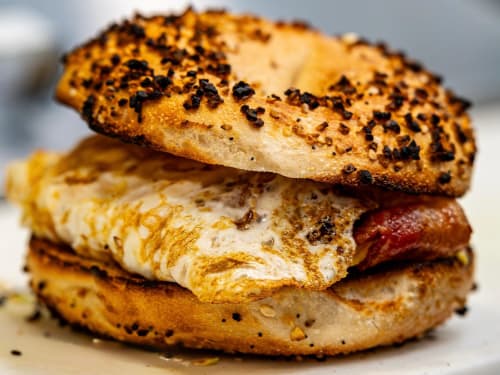 Bacon, egg and cheese on an everything bagel