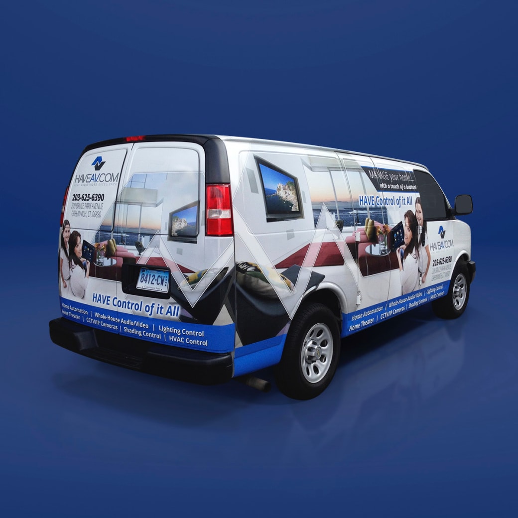 HaveAV.com home automation van wrap, rear quarter view