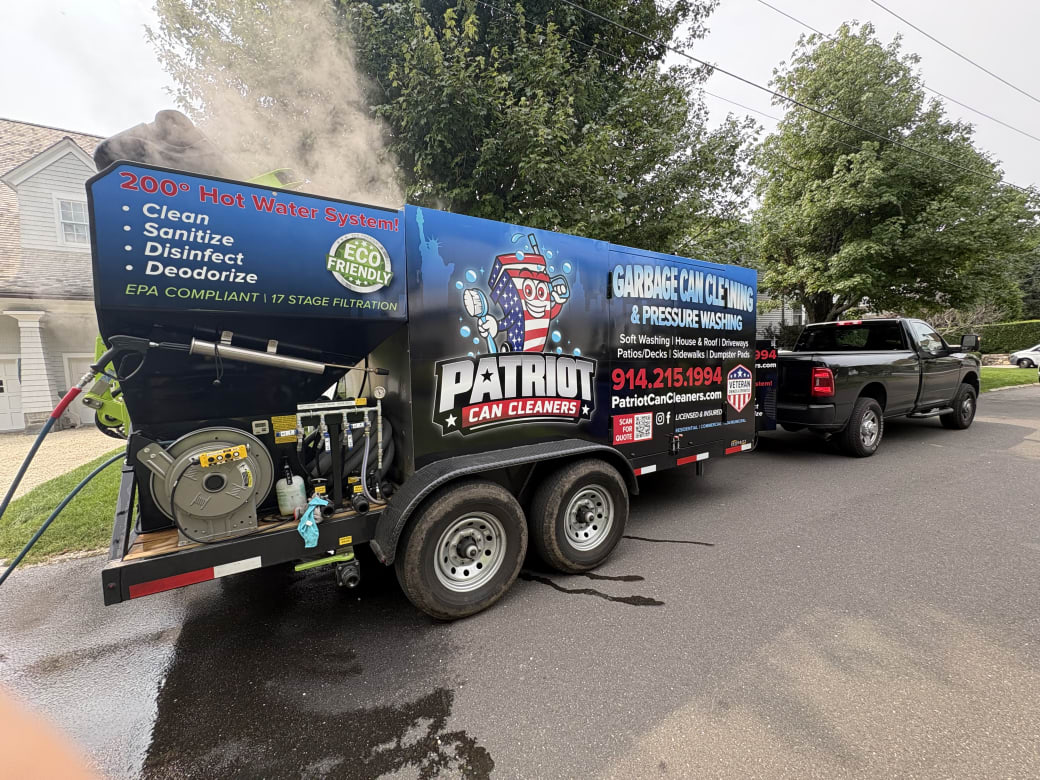 Patriot Can Cleaners trailer wrap in service, hot water system running