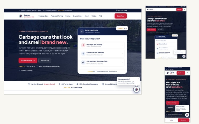 Patriot Can Cleaners website shown on desktop, tablet and phone