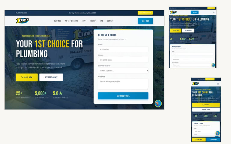 1st Choice Plumbing website shown on desktop, tablet and phone