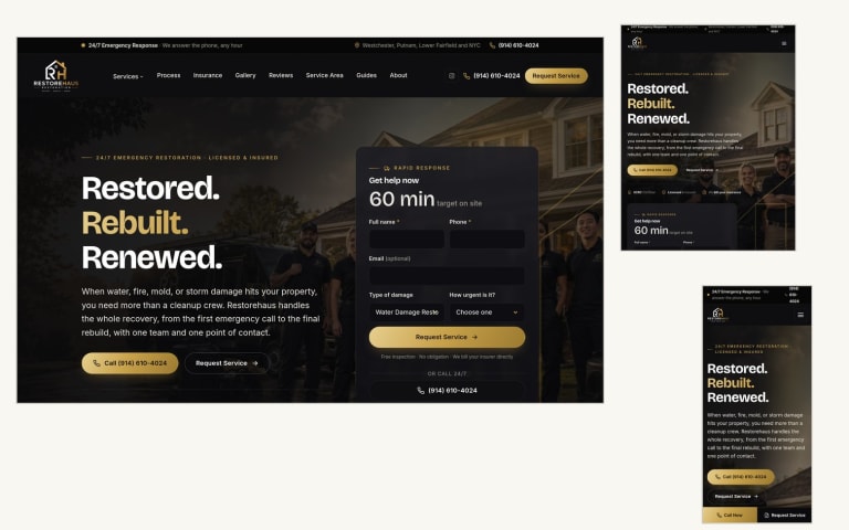 RestoreHaus website shown on desktop, tablet and phone