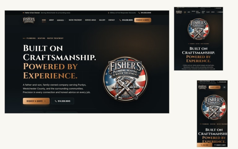 Fisher’s Plumbing website shown on desktop, tablet and phone