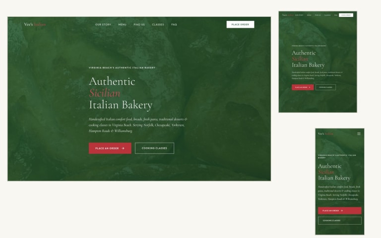 Vee’s Italian Bakery website shown on desktop, tablet and phone