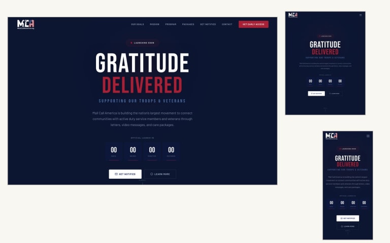 Mail Call America website shown on desktop, tablet and phone