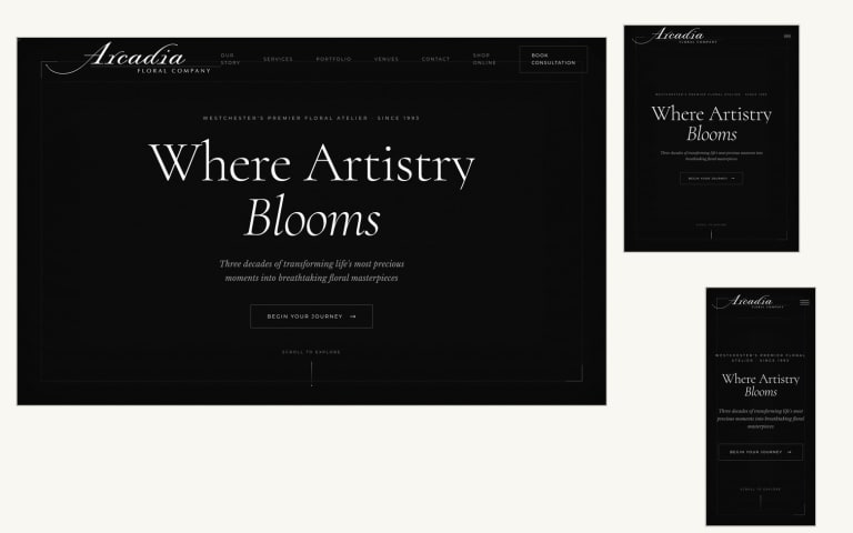Arcadia Floral website shown on desktop, tablet and phone