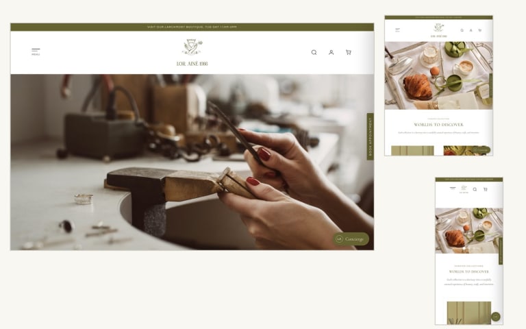 Lor Ainé 1986 Shopify store shown on desktop, tablet and phone