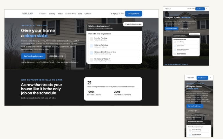 Clean Slate Painting & Restoration website shown on desktop, tablet and phone