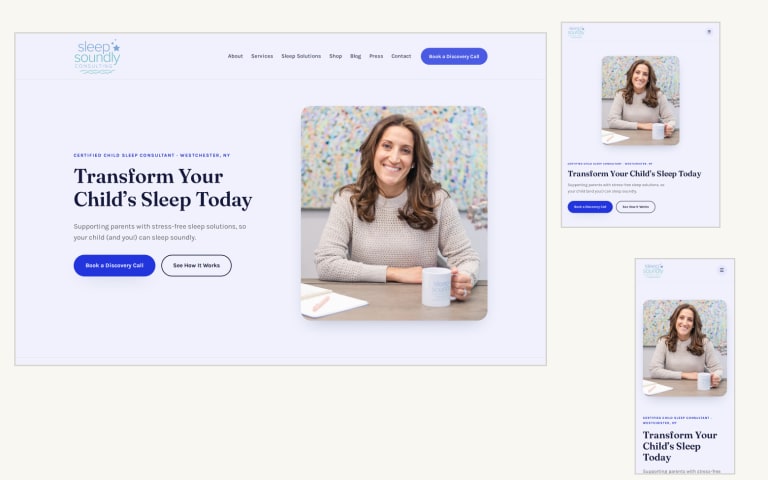 Sleep Soundly Consulting website shown on desktop, tablet and phone