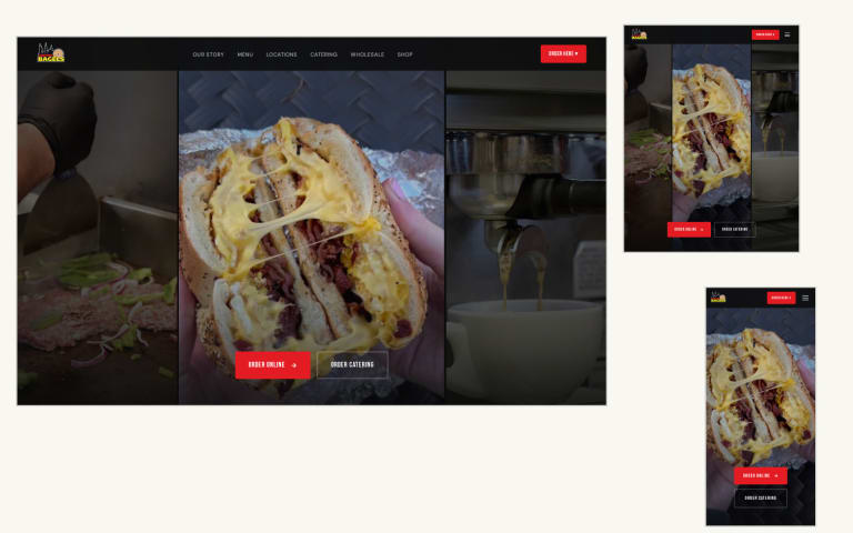 Empire Bagels website shown on desktop, tablet and phone