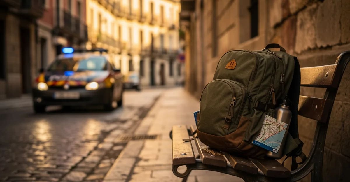 Madrid street at golden hour with police presence — guide to cannabis fines in Spain