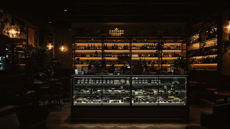 Interior of a modern cannabis social club in Madrid with product display case and ambient lighting