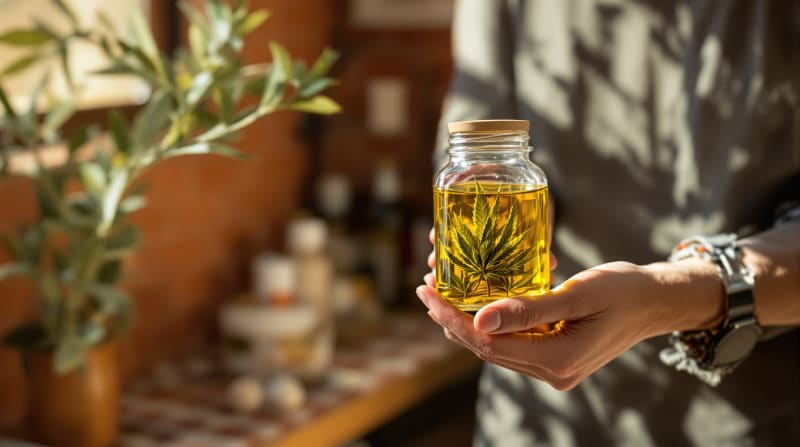 Cannabis-infused olive oil in a glass jar with Mediterranean kitchen background in Madrid