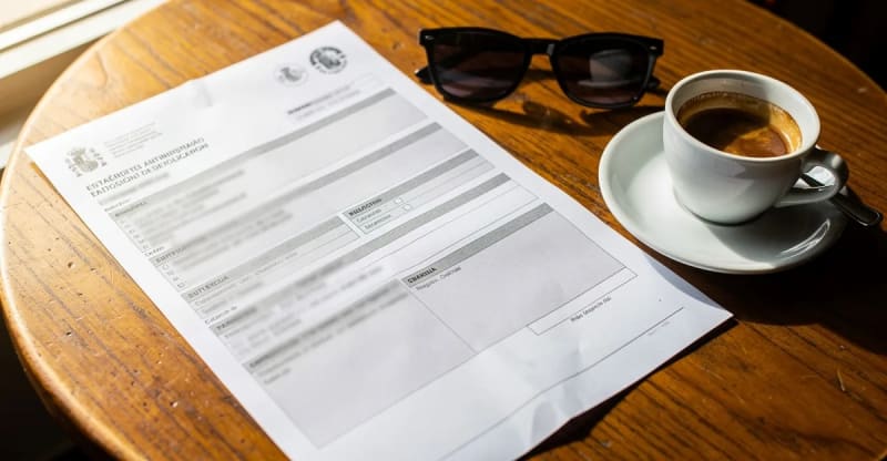 Spanish administrative fine document (denuncia) on a cafe table — what you receive if caught with cannabis