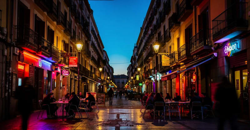 Malasaña neighborhood Madrid at dusk — enforcement varies significantly by neighborhood