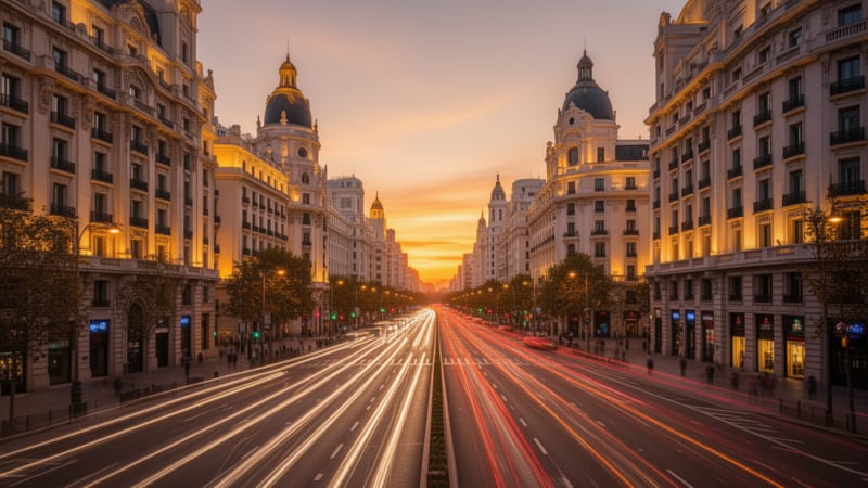 Madrid Gran Via street representing the city's cannabis culture