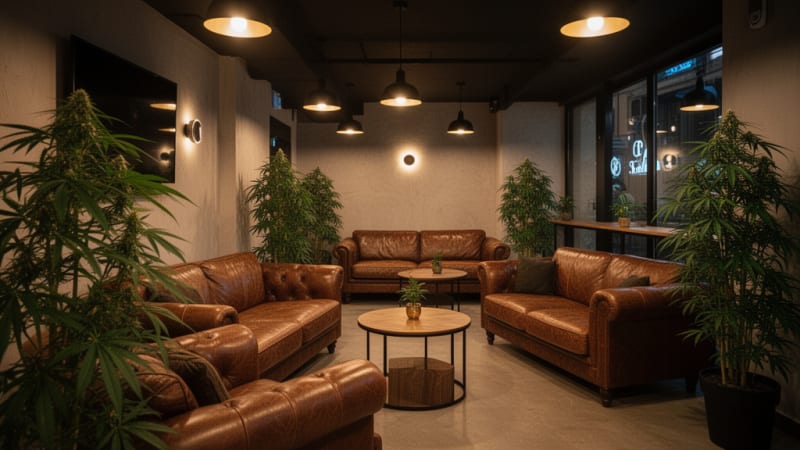 Cozy cannabis club lounge interior in Madrid with comfortable seating