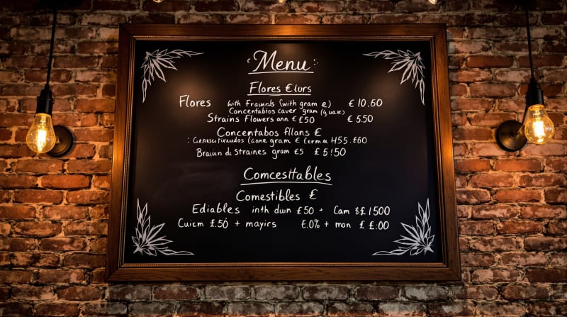 Elegante pizarra con menú de precios dentro de un club social privado en Madrid