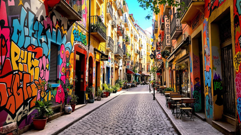Calle colorida en el barrio de Malasaña Madrid, zona popular para clubes de cannabis y vida nocturna