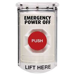 STI SS-2314PO Stopper Station with Bopper Stopper Cover, EMERGENCY POWER OFF Lettering, White Housing