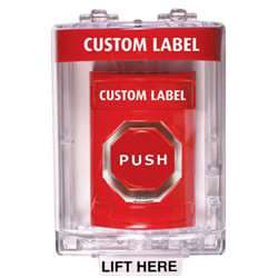 STI SS2039 Stopper Station, with Mini Stopper II Cover without Horn, Custom Lettering, Red Housing