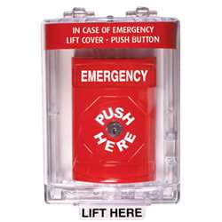 STI SS-2040E Stopper Station with Mini Stopper II Cover with Horn, EMERGENCY Lettering, Red Housing