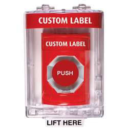 STI SS-2041 Stopper Station, with Mini Stopper II Cover with Horn, Custom Lettering, Red Housing