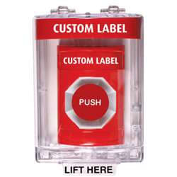 STI SS-2044 Stopper Station, with Mini Stopper II Cover with Horn, Custom Lettering, Red Housing