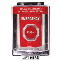 STI SS-2054E Stopper Station with Mini Weather Stopper Cover, EMERGENCY Lettering, Red Housing