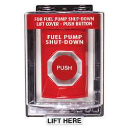 STI SS2054PS Stopper Station with Mini Weather Stopper Cover, FUEL PUMP SHUT-DOWN Lettering, Red Housing