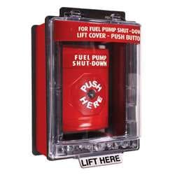 STI SS-2060PS Stopper Station with Mini Weather Stopper II Cover with Spacer, FUEL PUMP SHUT-DOWN Lettering, Red Housing
