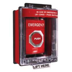 STI SS2061E Stopper Station with Mini Weather Stopper Cover with Spacer, EMERGENCY Lettering, Red Housing