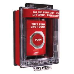 STI SS2061PS Stopper Station with Mini Weather Stopper Cover with Spacer, FUEL PUMP SHUT-DOWN Lettering, Red Housing