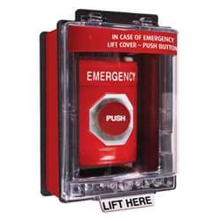 STI SS-2064-E Stopper Station with Mini Weather Stopper Cover with Spacer, EMERGENCY Lettering, Red Housing